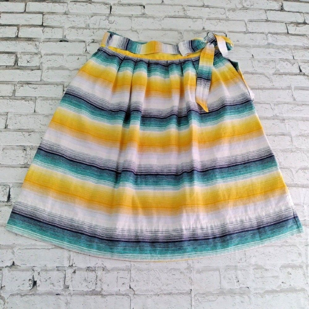 Gap Skirt Womens 8 White Blue Yellow Stripe Cotton Linen Belted A-Line Lined